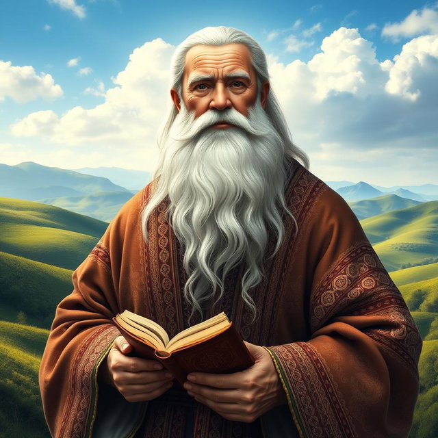 A majestic and artistic representation of Dede Korkut, the legendary figure from Turkic literature and folklore