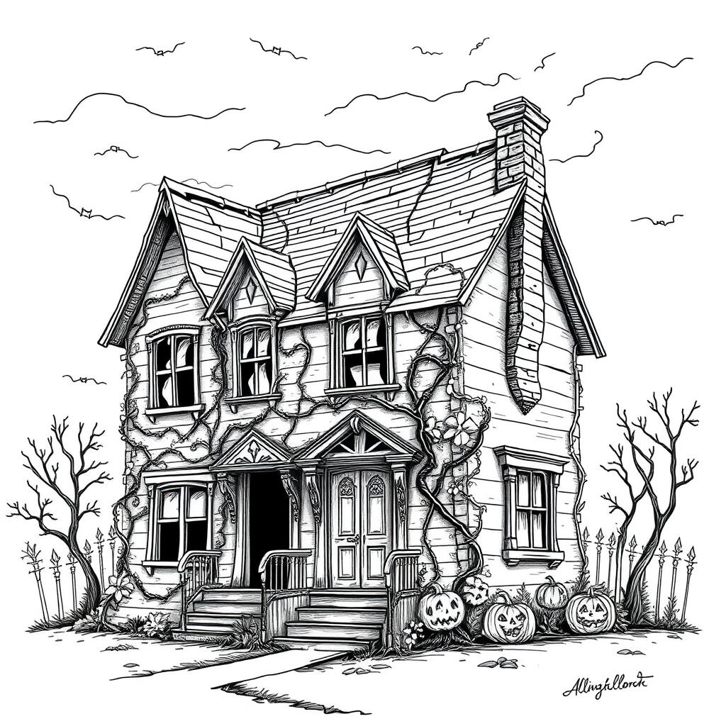 A detailed line drawing of a scary old house, featuring spooky elements like crooked windows, a dilapidated roof, overgrown vines creeping up the walls, and a twisted chimney