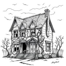 A detailed line drawing of a scary old house, featuring spooky elements like crooked windows, a dilapidated roof, overgrown vines creeping up the walls, and a twisted chimney
