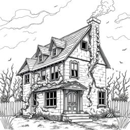 A detailed line drawing of a scary old house, featuring spooky elements like crooked windows, a dilapidated roof, overgrown vines creeping up the walls, and a twisted chimney