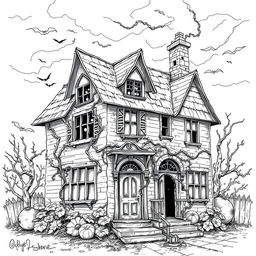 A detailed line drawing of a scary old house, featuring spooky elements like crooked windows, a dilapidated roof, overgrown vines creeping up the walls, and a twisted chimney
