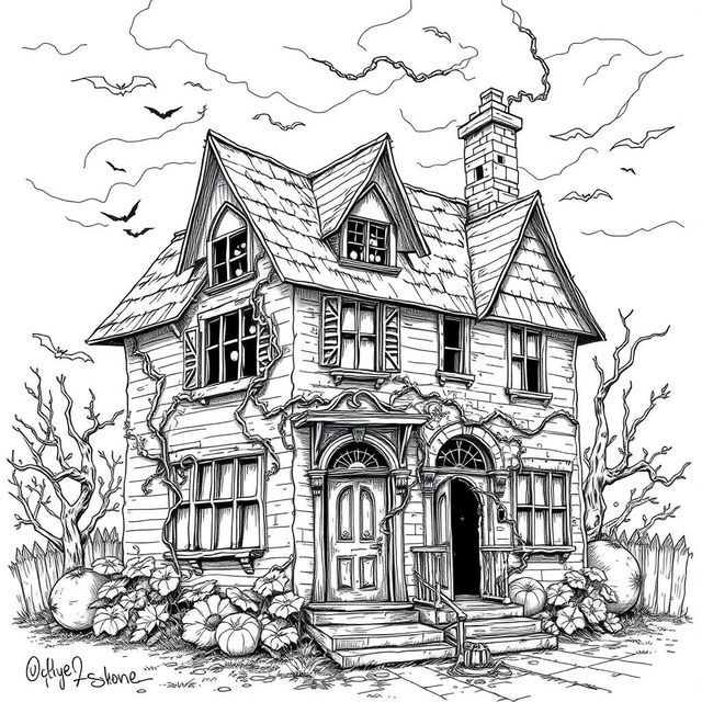 A detailed line drawing of a scary old house, featuring spooky elements like crooked windows, a dilapidated roof, overgrown vines creeping up the walls, and a twisted chimney