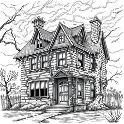 A detailed line drawing of a scary old house, featuring spooky elements like crooked windows, a dilapidated roof, overgrown vines creeping up the walls, and a twisted chimney