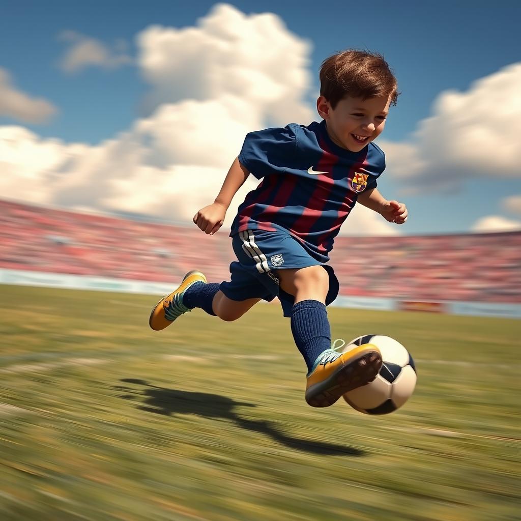 In an imaginative scene, the small and delicate feet of a young Lionel Messi are shown in motion, speeding across a grassy soccer field