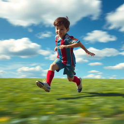 In an imaginative scene, the small and delicate feet of a young Lionel Messi are shown in motion, speeding across a grassy soccer field