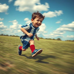 In an imaginative scene, the small and delicate feet of a young Lionel Messi are shown in motion, speeding across a grassy soccer field