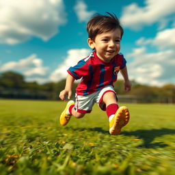 In an imaginative scene, the small and delicate feet of a young Lionel Messi are shown in motion, speeding across a grassy soccer field