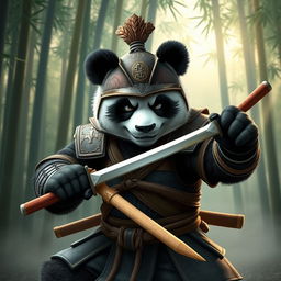 A fierce panda warrior dressed in traditional Asian armor, wielding a bamboo sword