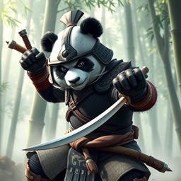 A fierce panda warrior dressed in traditional Asian armor, wielding a bamboo sword