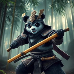 A fierce panda warrior dressed in traditional Asian armor, wielding a bamboo sword
