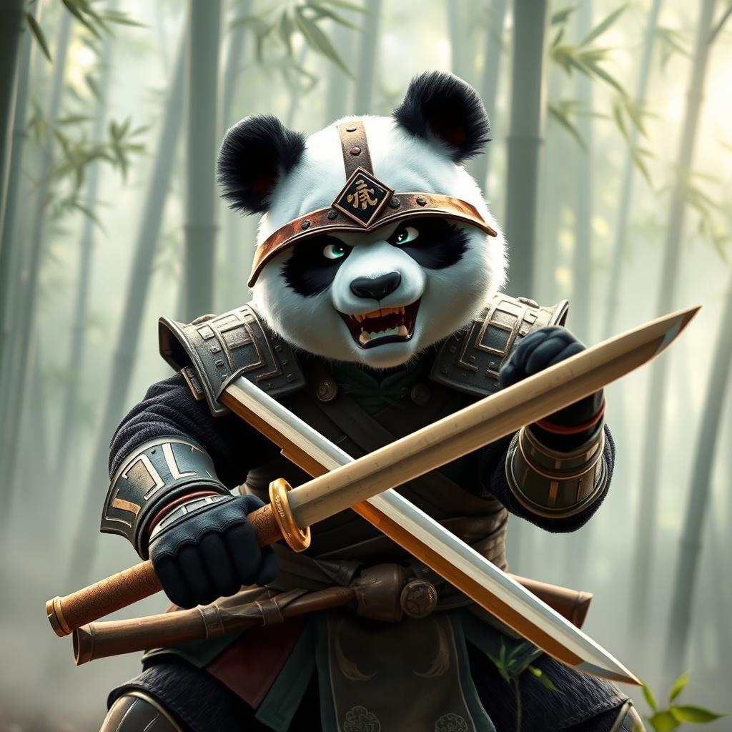 A fierce panda warrior dressed in traditional Asian armor, wielding a bamboo sword