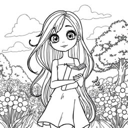 A detailed line drawing of a girl character with long flowing hair, wearing a stylish dress and holding a book
