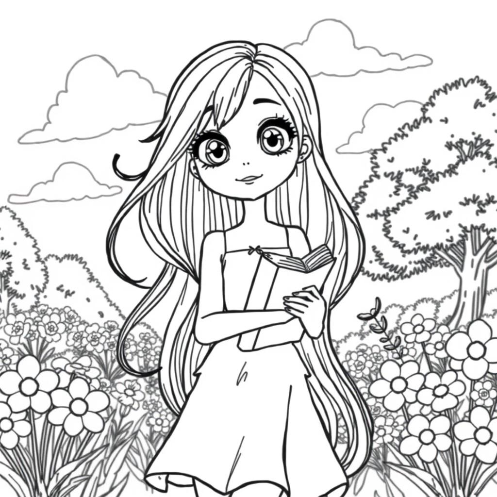A detailed line drawing of a girl character with long flowing hair, wearing a stylish dress and holding a book