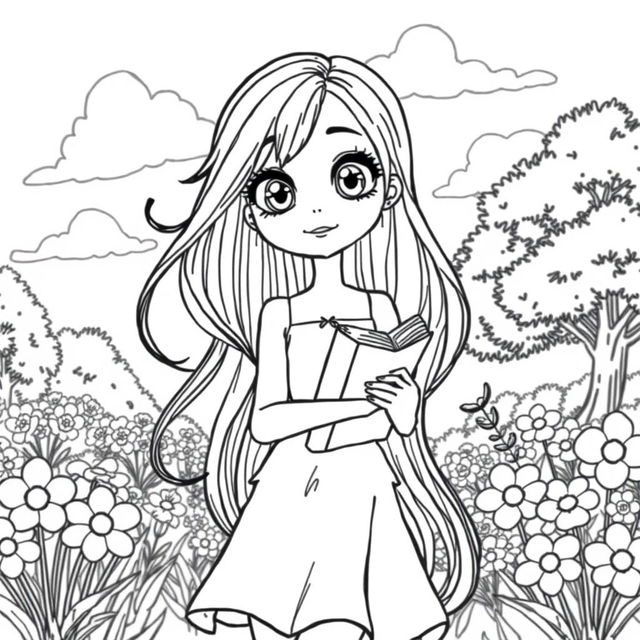 A detailed line drawing of a girl character with long flowing hair, wearing a stylish dress and holding a book