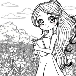 A detailed line drawing of a girl character with long flowing hair, wearing a stylish dress and holding a book