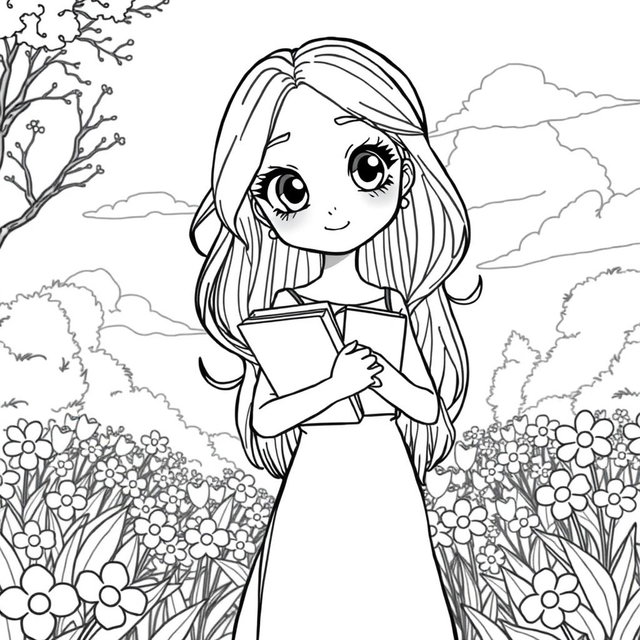 A detailed line drawing of a girl character with long flowing hair, wearing a stylish dress and holding a book