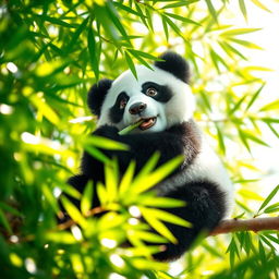 A cute panda sitting on a tree branch, surrounded by lush green bamboo foliage