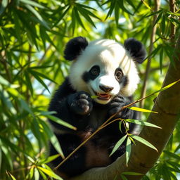 A cute panda sitting on a tree branch, surrounded by lush green bamboo foliage