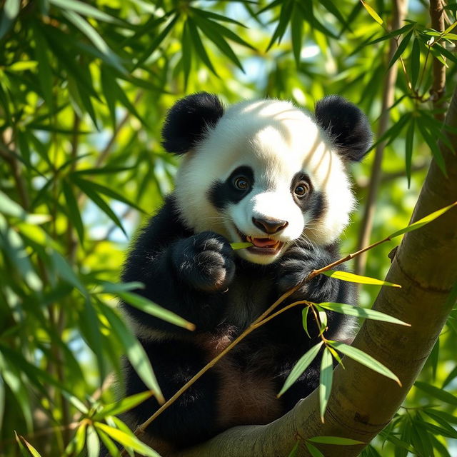 A cute panda sitting on a tree branch, surrounded by lush green bamboo foliage