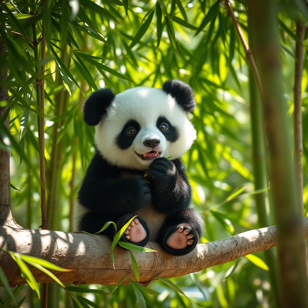 A cute panda sitting on a tree branch, surrounded by lush green bamboo foliage