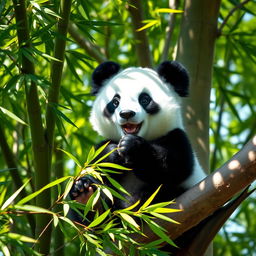 A cute panda sitting on a tree branch, surrounded by lush green bamboo foliage