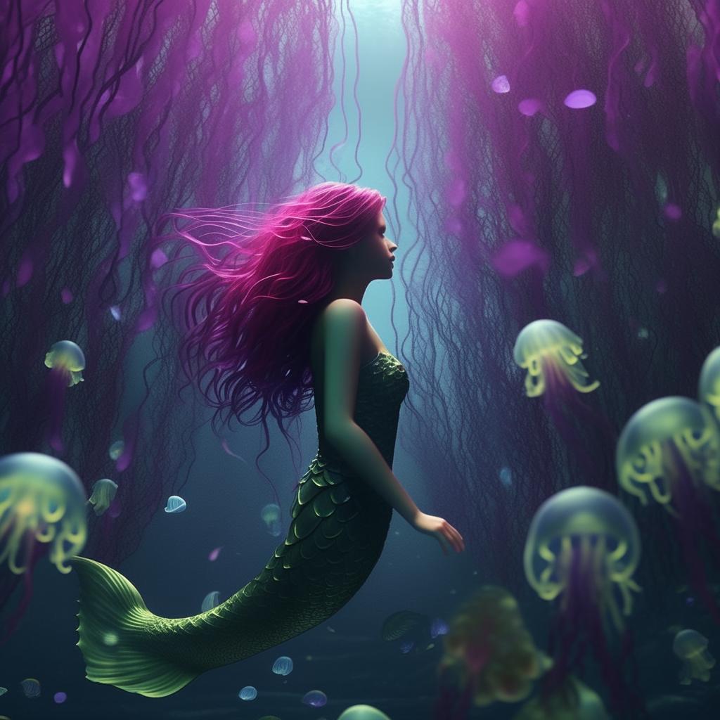 A beautiful mermaid with emerald and violet scales, swimming through a swarm of electric pink jellyfish in a 2.5D animation style.