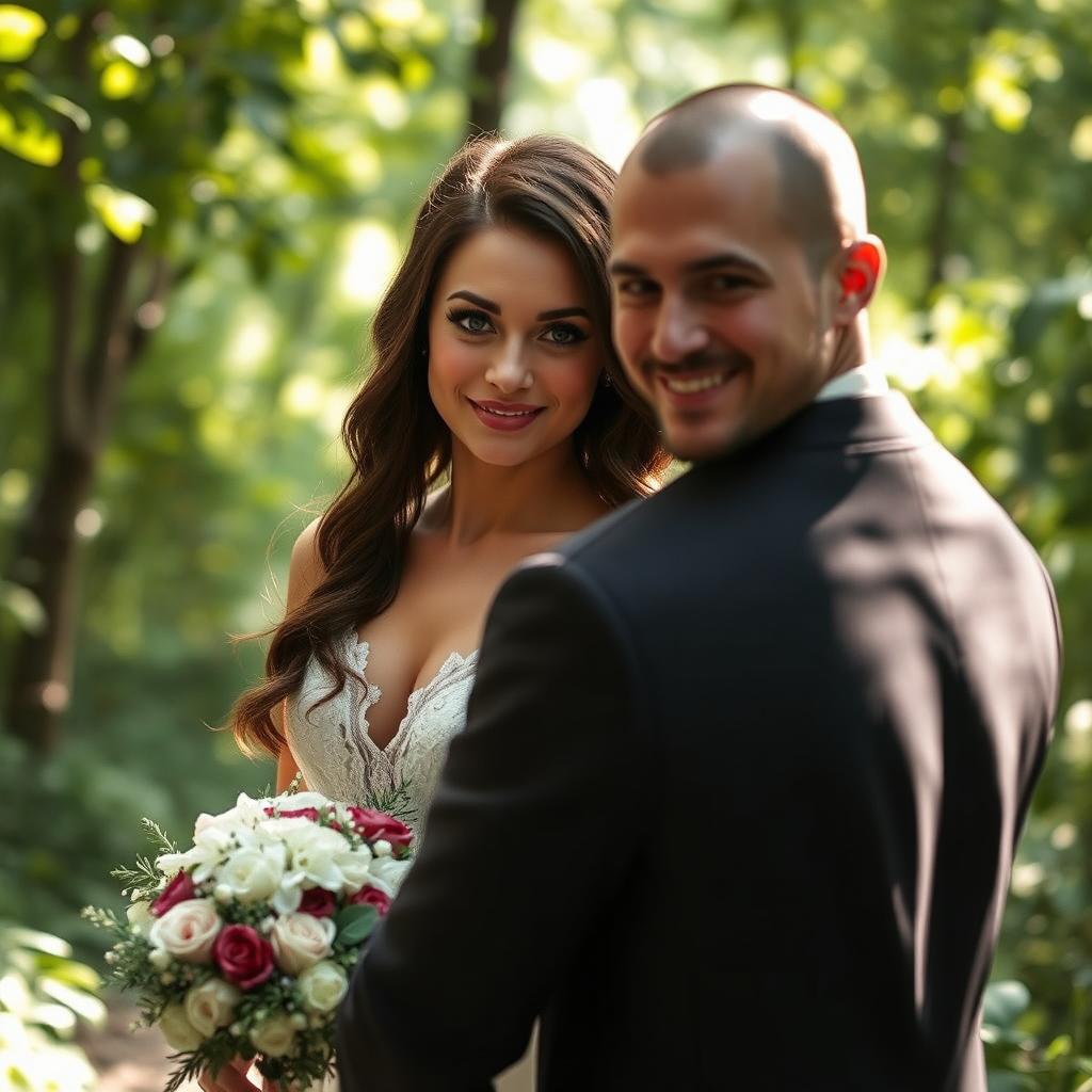 A beautiful scene featuring a young Italian woman resembling Mila Kunis with long, dark wavy hair and striking blue eyes, walking through a lush forest as she marries a British man with a shaved head