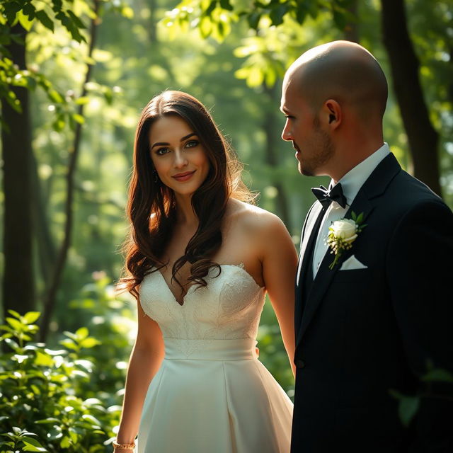 A beautiful scene featuring a young Italian woman resembling Mila Kunis with long, dark wavy hair and striking blue eyes, walking through a lush forest as she marries a British man with a shaved head