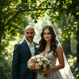 A beautiful scene featuring a young Italian woman resembling Mila Kunis with long, dark wavy hair and striking blue eyes, walking through a lush forest as she marries a British man with a shaved head