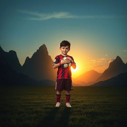 In a heartfelt scene reflecting on young Lionel Messi's dreams, the young boy is shown standing in the middle of a soccer field, holding a soccer ball close to his heart with a determined look on his face