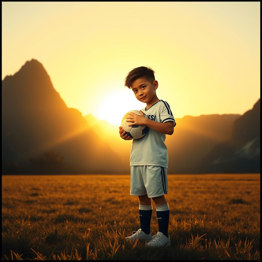 In a heartfelt scene reflecting on young Lionel Messi's dreams, the young boy is shown standing in the middle of a soccer field, holding a soccer ball close to his heart with a determined look on his face