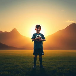 In a heartfelt scene reflecting on young Lionel Messi's dreams, the young boy is shown standing in the middle of a soccer field, holding a soccer ball close to his heart with a determined look on his face