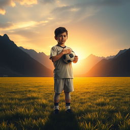 In a heartfelt scene reflecting on young Lionel Messi's dreams, the young boy is shown standing in the middle of a soccer field, holding a soccer ball close to his heart with a determined look on his face