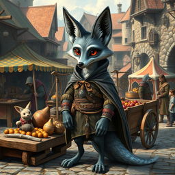 A medieval trading scene featuring a gray fennec fox with a human-like physique
