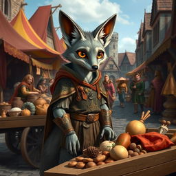 A medieval trading scene featuring a gray fennec fox with a human-like physique