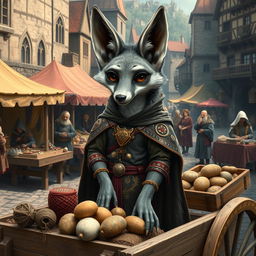 A medieval trading scene featuring a gray fennec fox with a human-like physique