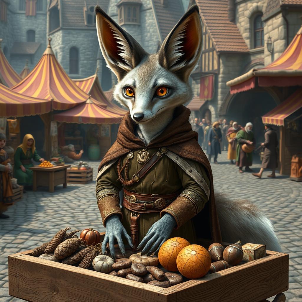 A medieval trading scene featuring a gray fennec fox with a human-like physique