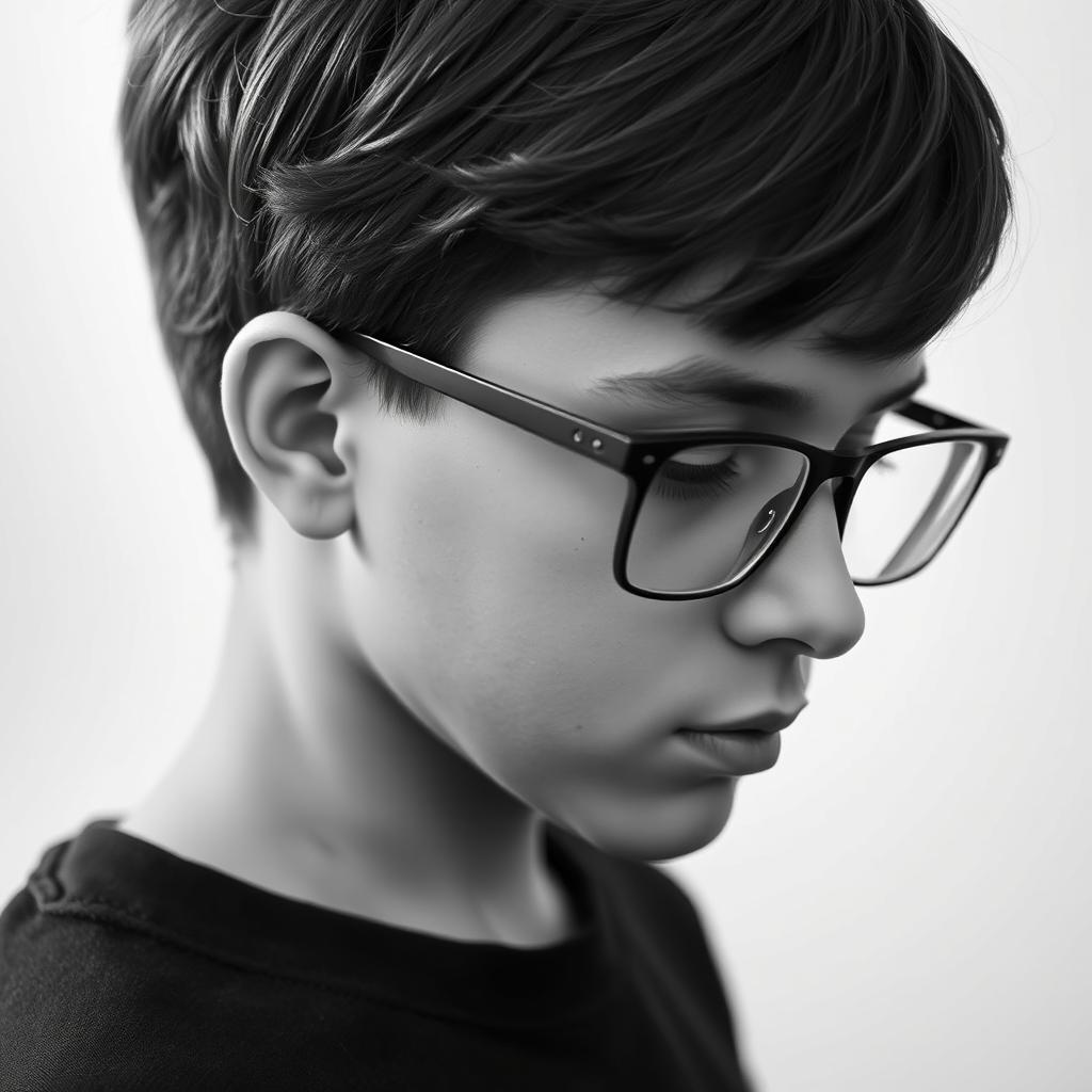 A black and white profile picture of a boy with medium-length hair wearing stylish glasses