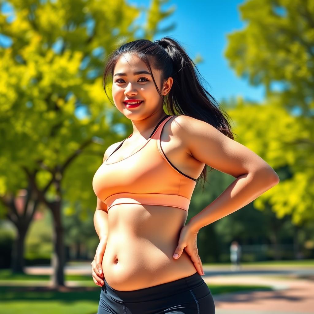 A curvy Asian girl wearing a form-fitting sports bra and tight bum shorts, showcasing her athletic physique