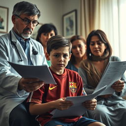A poignant scene capturing the emotional moment when 10-year-old Lionel Messi learns about his growth hormone deficiency