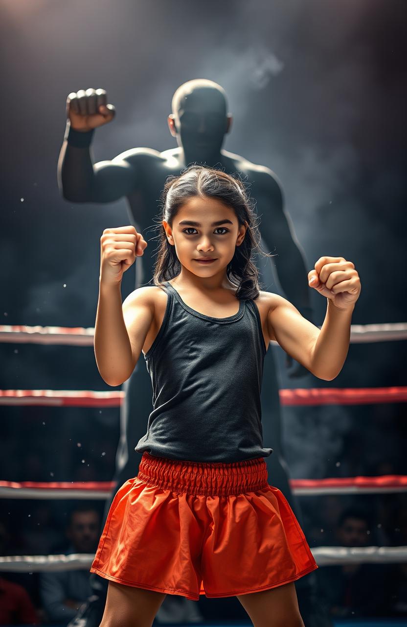 A dynamic scene depicting a determined girl standing confidently in a boxing ring, her fists raised in a fighting stance