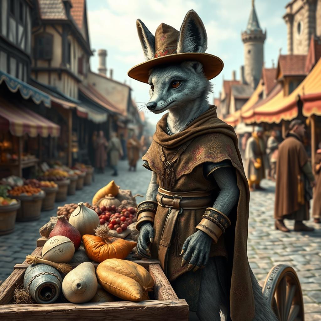 A medieval trading scene featuring a gray fennec fox with a human-like physique, standing upright and wearing a distinctive trader hat