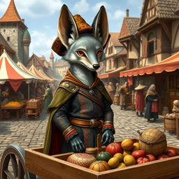 A medieval trading scene featuring a gray fennec fox with a human-like physique, standing upright and wearing a distinctive trader hat