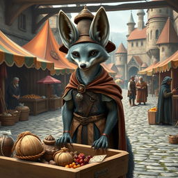 A medieval trading scene featuring a gray fennec fox with a human-like physique, standing upright and wearing a distinctive trader hat