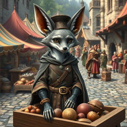 A medieval trading scene featuring a gray fennec fox with a human-like physique, standing upright and wearing a distinctive trader hat