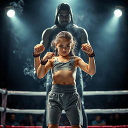 A striking image of a determined girl standing in a boxing ring, embodying strength and resilience