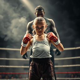A striking image of a determined girl standing in a boxing ring, embodying strength and resilience
