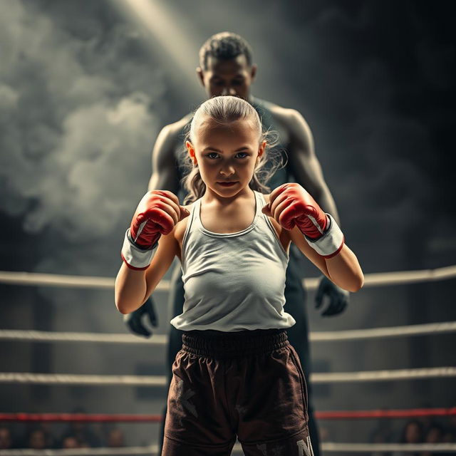 A striking image of a determined girl standing in a boxing ring, embodying strength and resilience