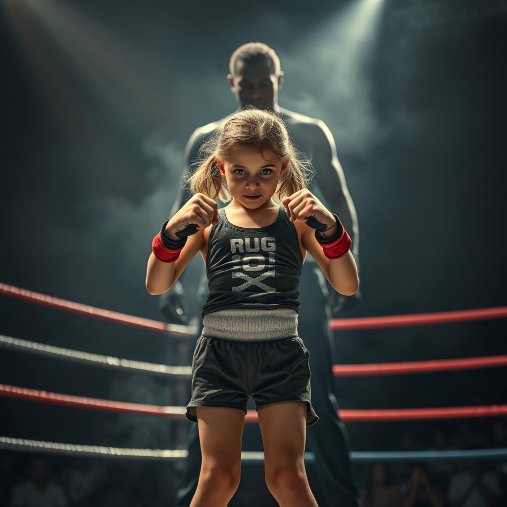 A striking image of a determined girl standing in a boxing ring, embodying strength and resilience