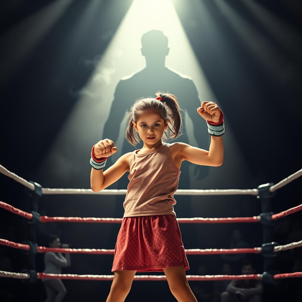 An inspiring depiction of a girl standing fiercely in a boxing ring, embodying strength and determination